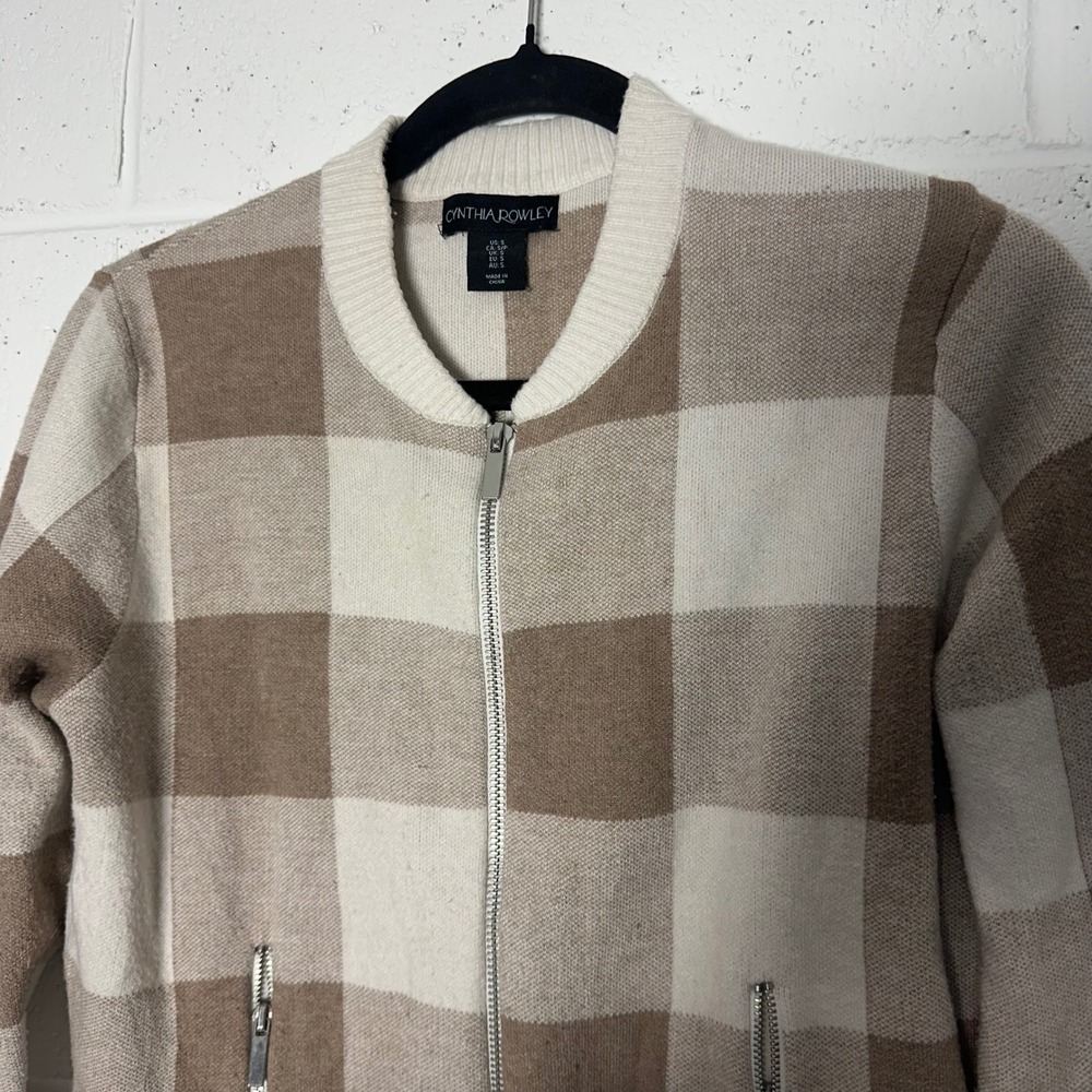 Cynthia Rowley Buffalo Check Knit Bomber Jacket Zip Pockets Cream Brown‎ small